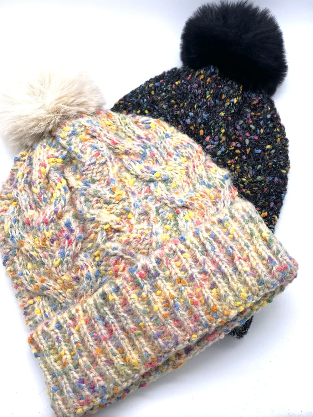 Confetti Beanie | Hat with Pom Pom | White | Pink | Multi-color confetti beanie + coral xl pom – Mischa Lampert main image 4