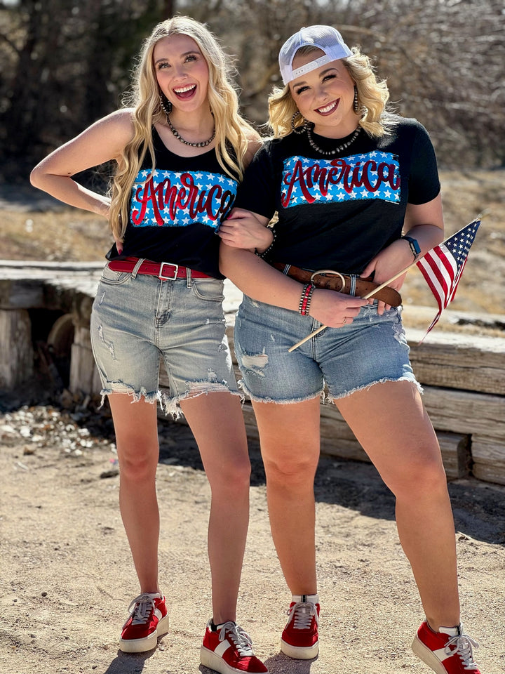 America on Stars in Red Metallic Puff Tank by Texas True Threads
