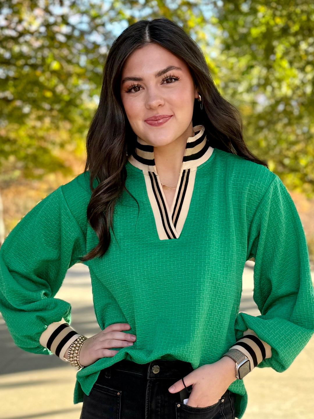Green Textured Knit V-Neck Top