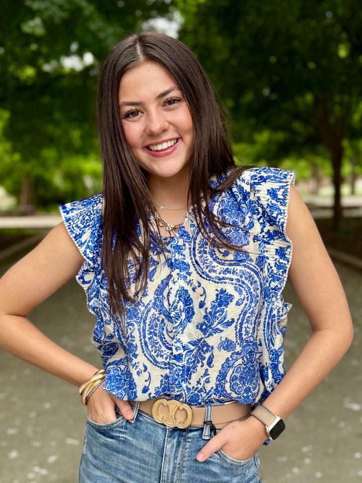 Summers Flutter Sleeve Blouse in Blue