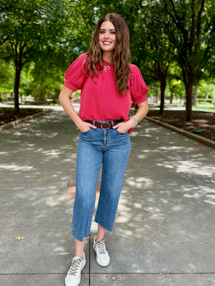 Easy Breezy Red Ribbed Puff Sleeve Top