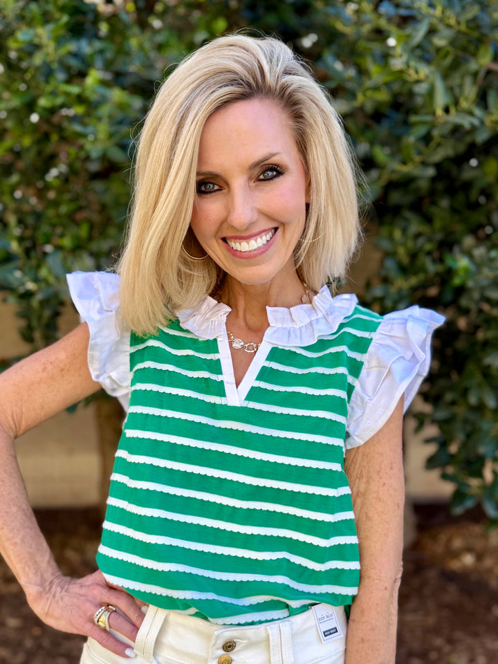 Happy Days Green Stripe V-Neck Top