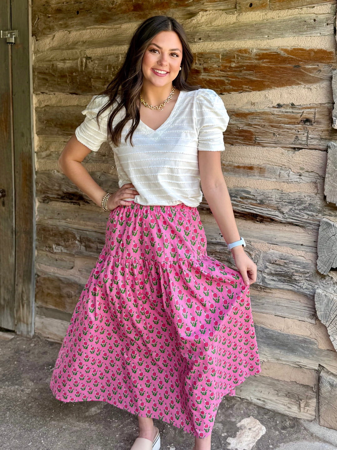 Pink Petals Floral Midi Skirt