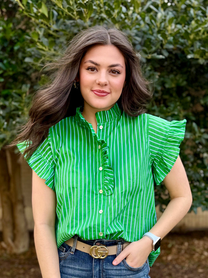 Spring Breeze Striped Ruffle Sleeve Top