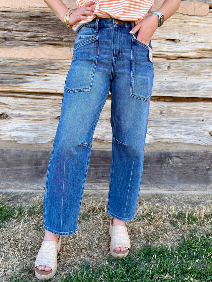 Clover Mid Rise Patch Pocket Barrel Jean by Risen