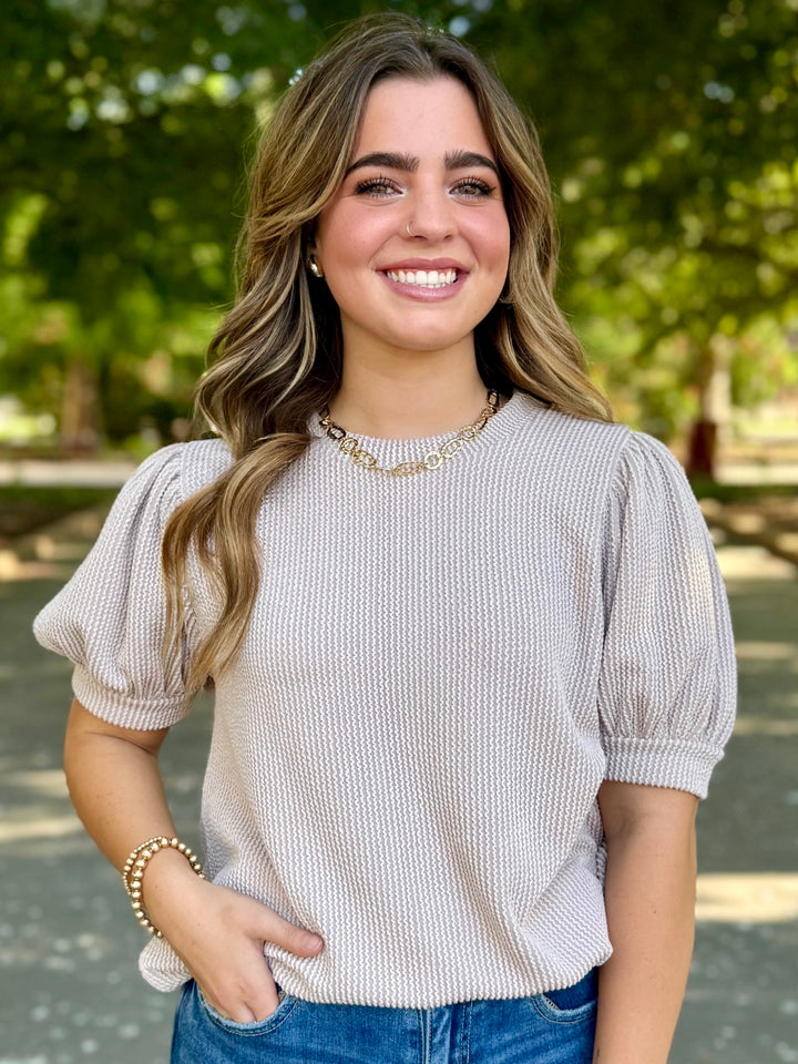Easy Breezy Ribbed Puff Sleeve Top in Taupe