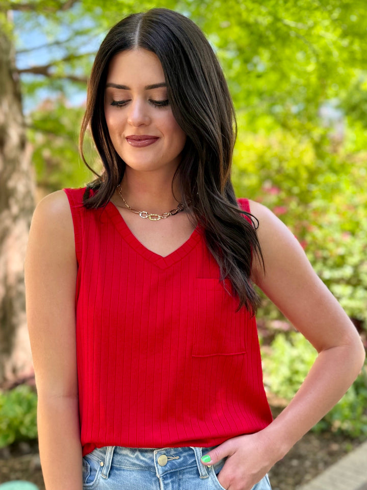 Radiant Red Ribbed Tank Top