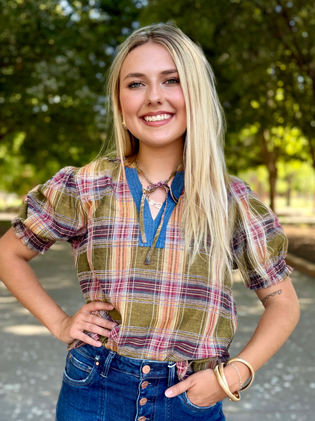 Check Me Out Plaid V-Neck Top by THML