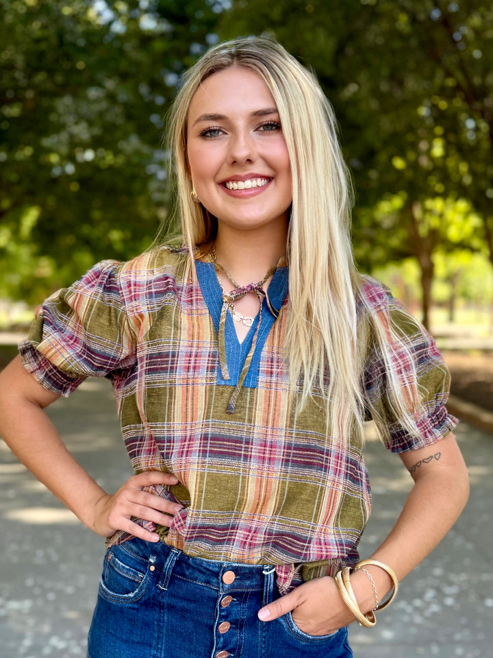 Check Me Out Plaid V-Neck Top by THML