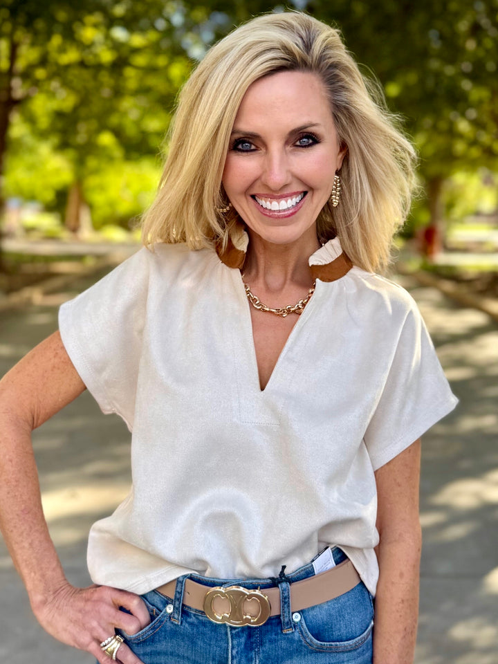 Suedewell Cream Suede V-Neck Top by THML