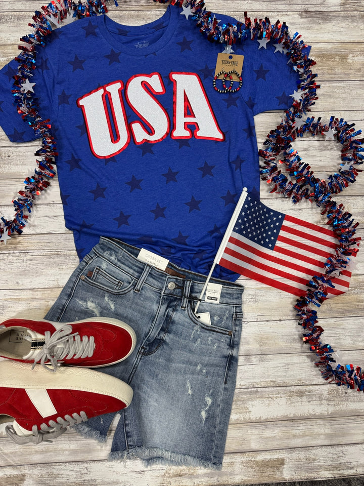 USA in Glitter & Metallic Puff on Royal Blue Stars Tee by Texas True Threads