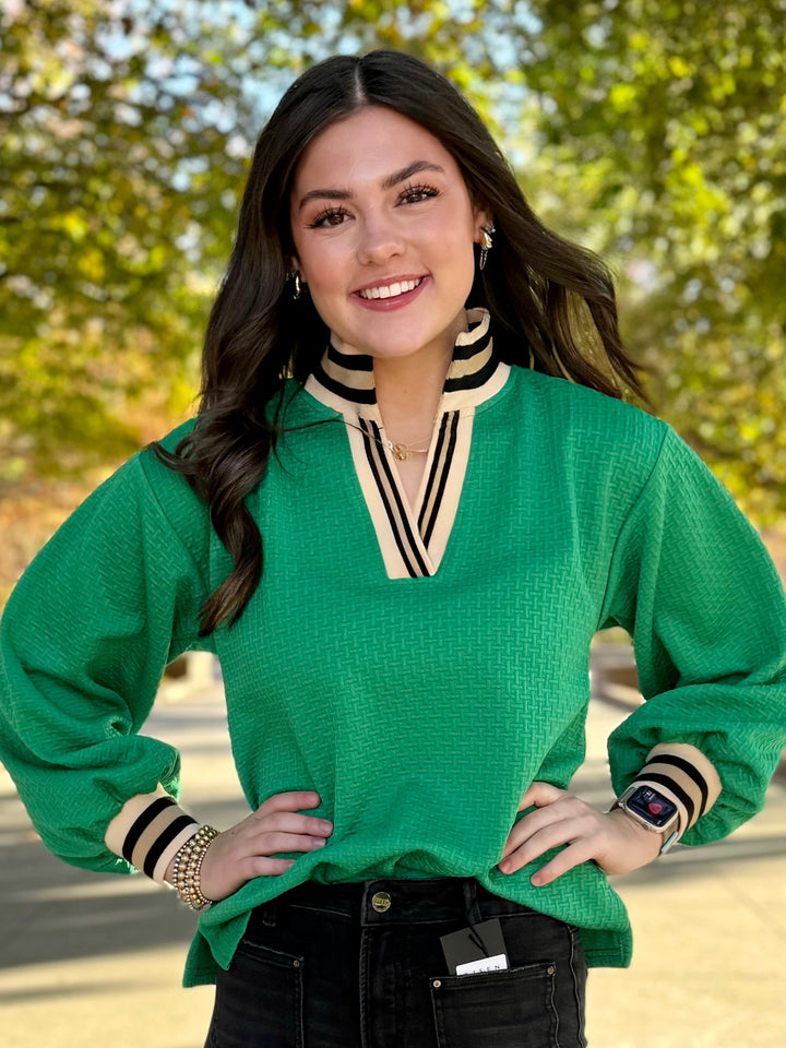 Green Textured Knit V-Neck Top