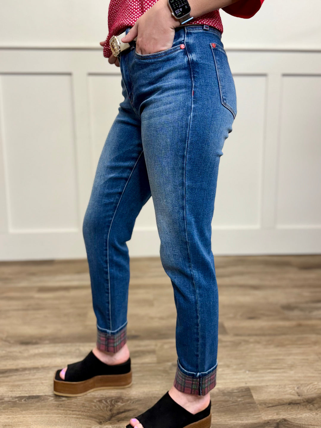 Amara Midrise Boyfriend Plaid Cuff Jean by Judy Blue