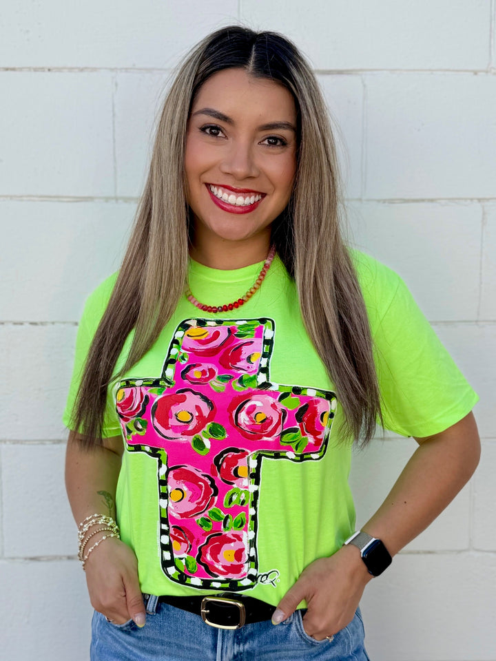 Callie Ann Stelter Floral Pink Cross Tee by Texas True Threads