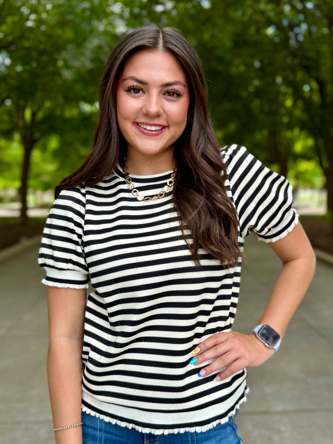 Back in Black Striped Puff Sleeve Top