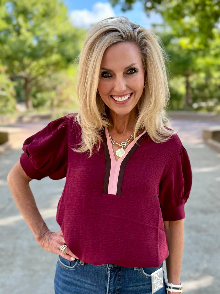 Sip & Style Maroon V-Neck Blouse