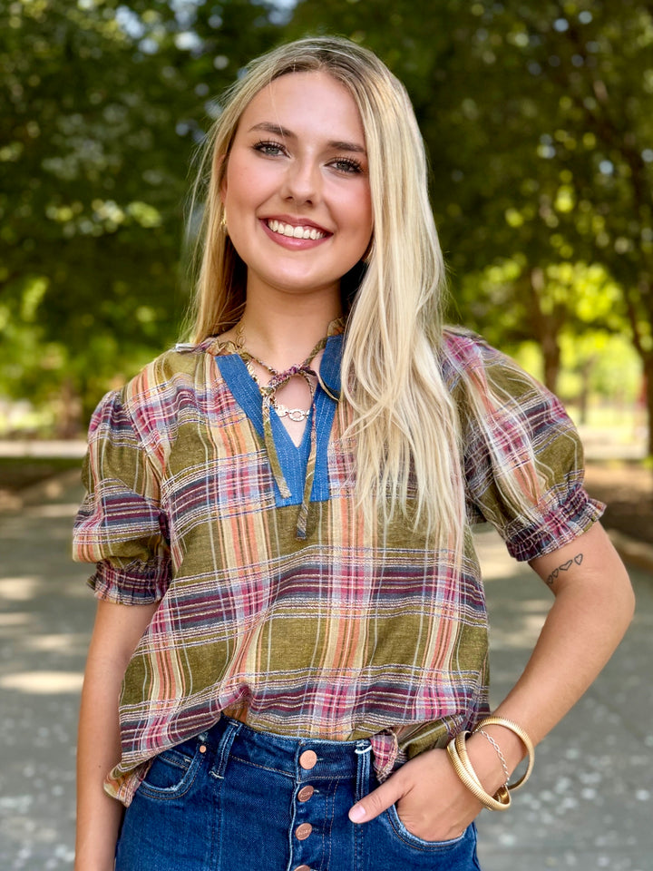 Check Me Out Plaid V-Neck Top by THML