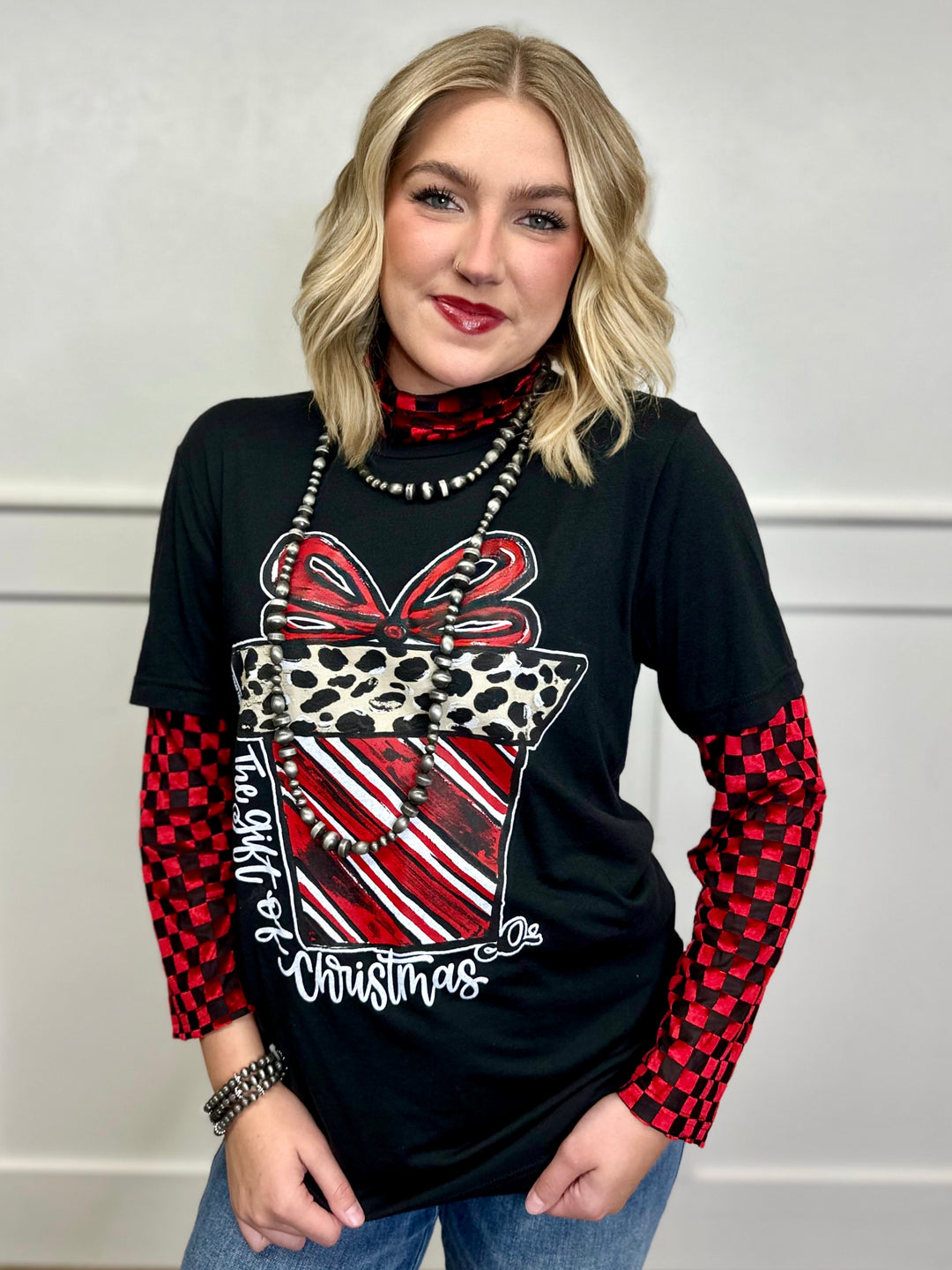 Callie Ann Stelter Candy Cane Present Short Sleeve Black Tee by Texas True Threads