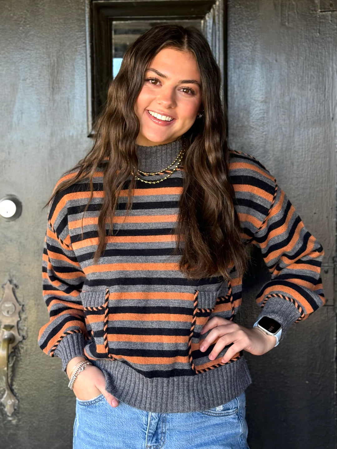 Pumpkin Patch Striped Mock Neck Sweater