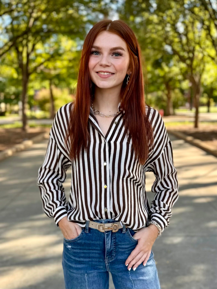 Button Up & Brew Striped Button Up Top