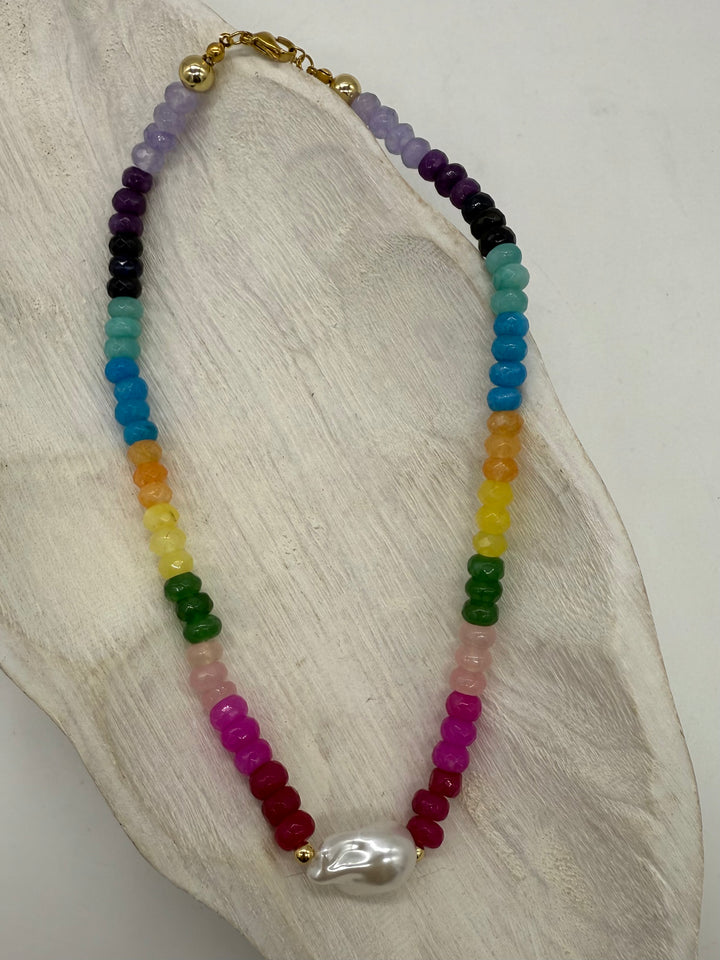 Colorful Gemstone & Large Pearl Necklace