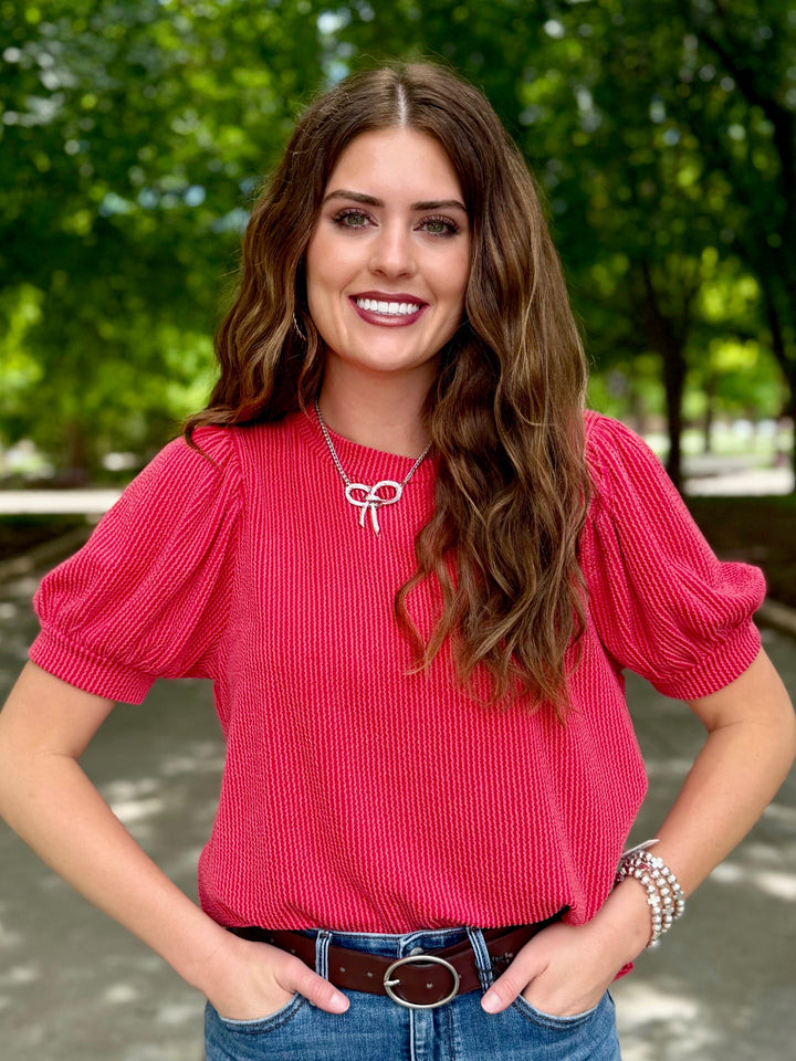 Easy Breezy Red Ribbed Puff Sleeve Top