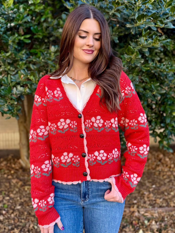 Blooming in Red Floral Cardigan