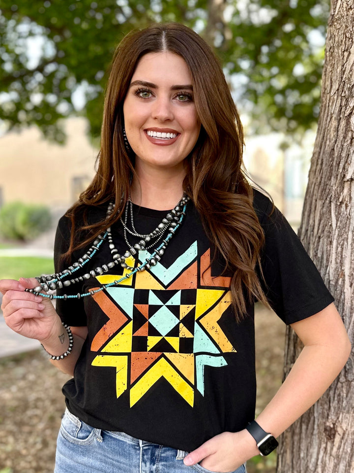 Quilted Aztec in Multicolor Ink Short Sleeve Tee by Texas True Threads
