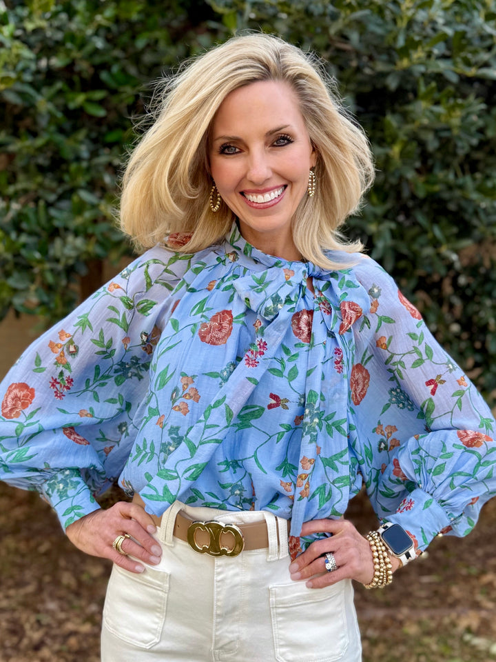 Bluebell Bloom Tie Neck Blouse