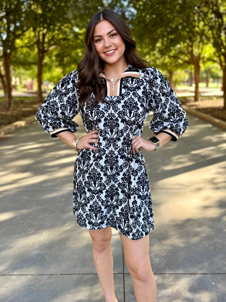 Damask Contrast Collar Dress