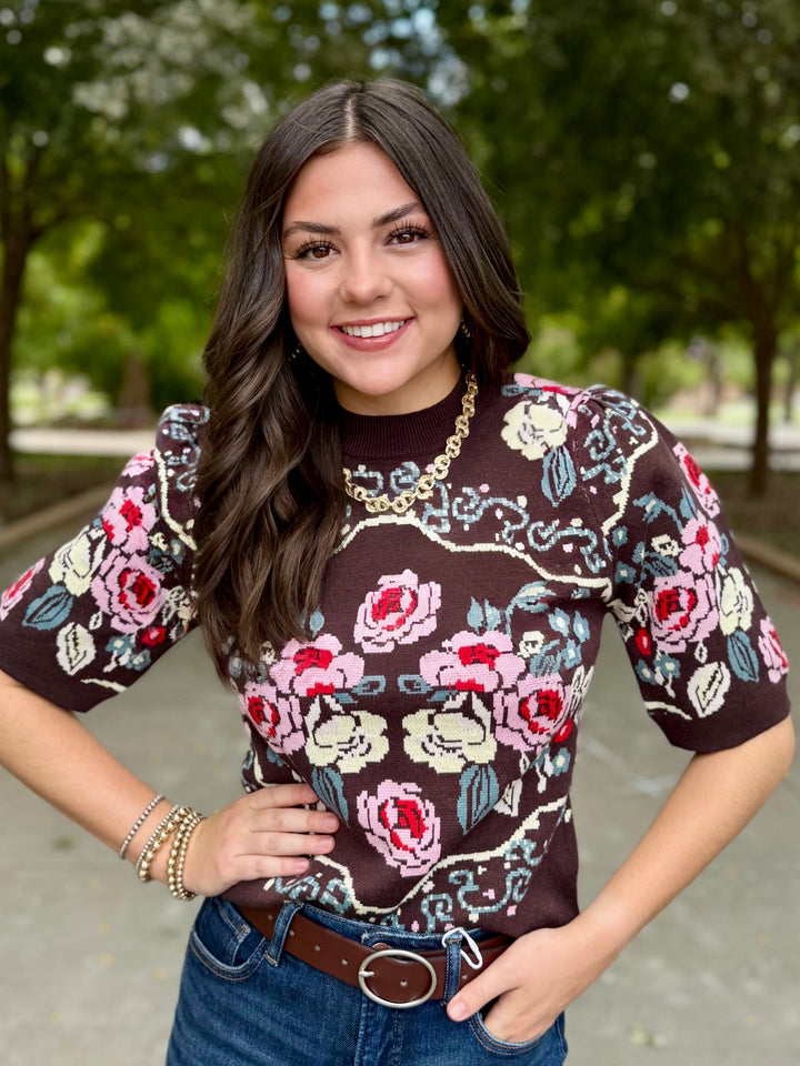 Sunday Ease Floral Short Sleeve Sweater by THML