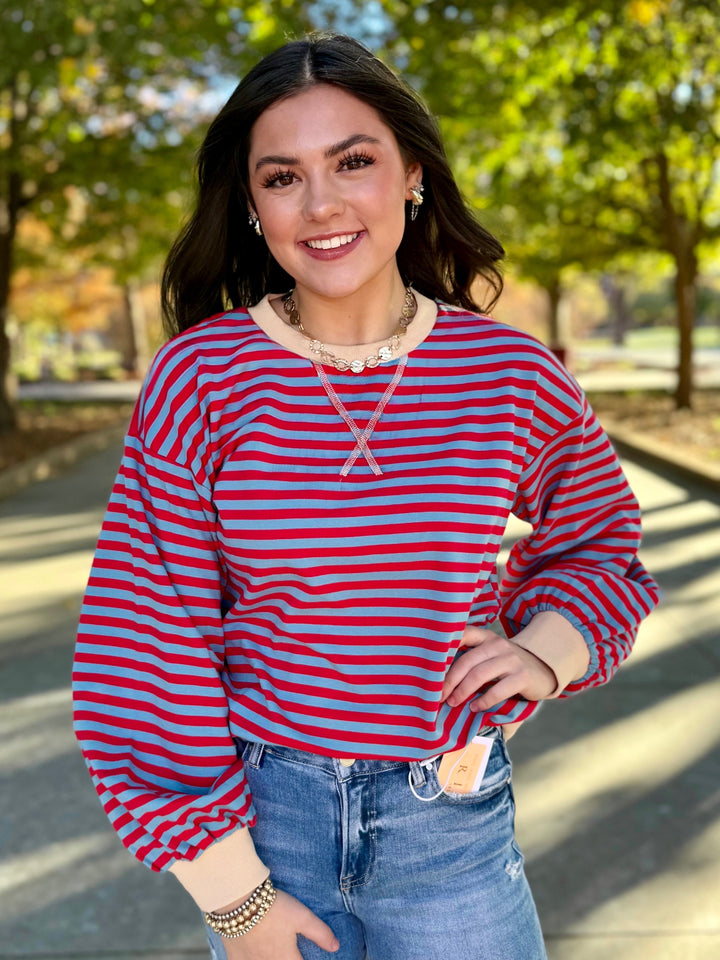 Red & Blue Striped Weekend Top