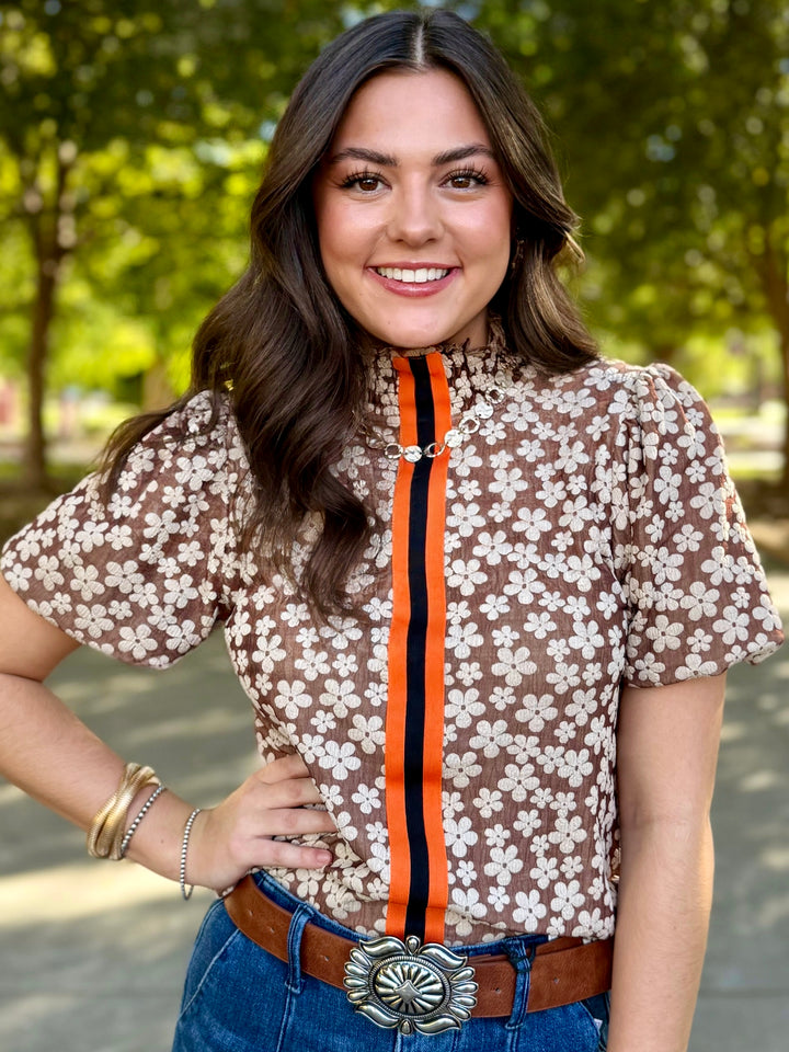 Harvest Time Brown Floral Puff Sleeve Top
