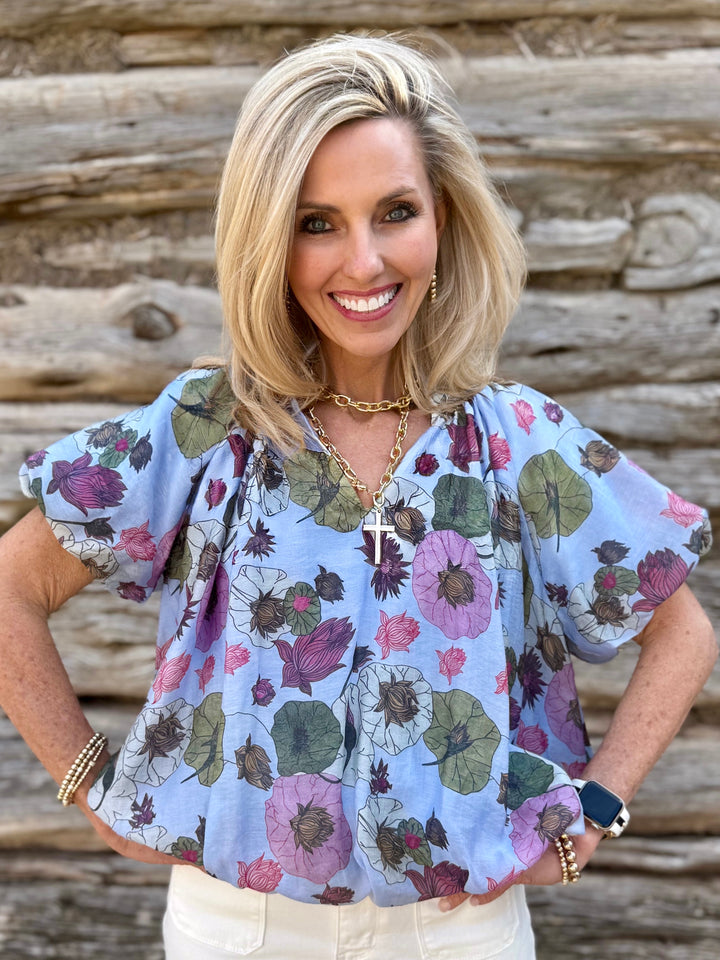 Morning Dew Blue Floral V-Neck Blouse