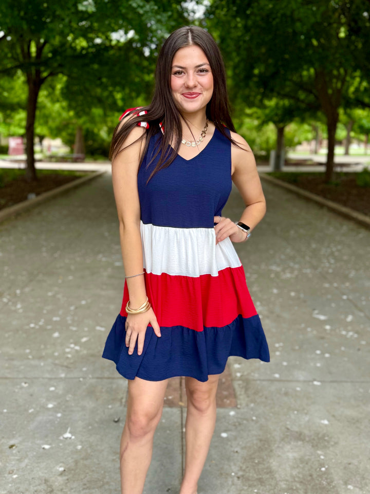 Patriotic Red, White, and Blue V-Neck Dress