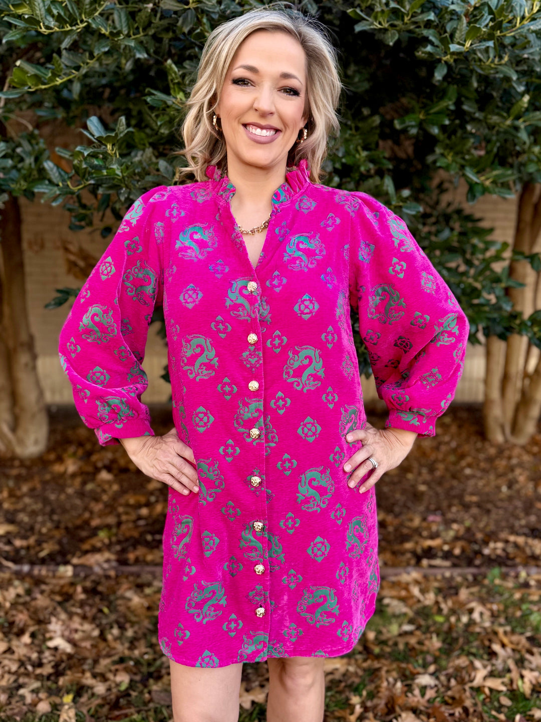 Twirl in Pink Velvet V-Neck Dress