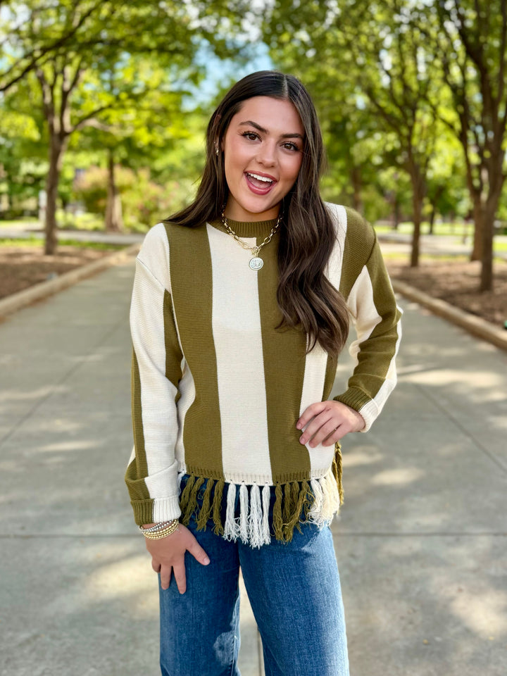 Fringe Fun Olive Stripe Sweater