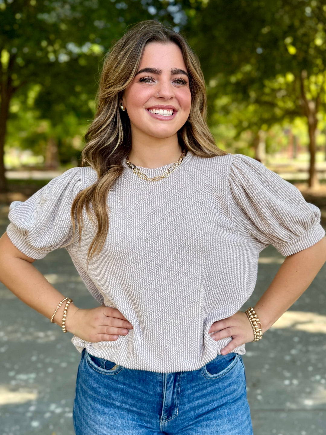 Easy Breezy Ribbed Puff Sleeve Top in Taupe