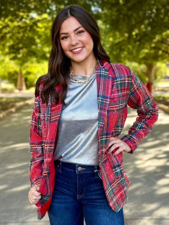 Plaid Glimmer Sequin Blazer
