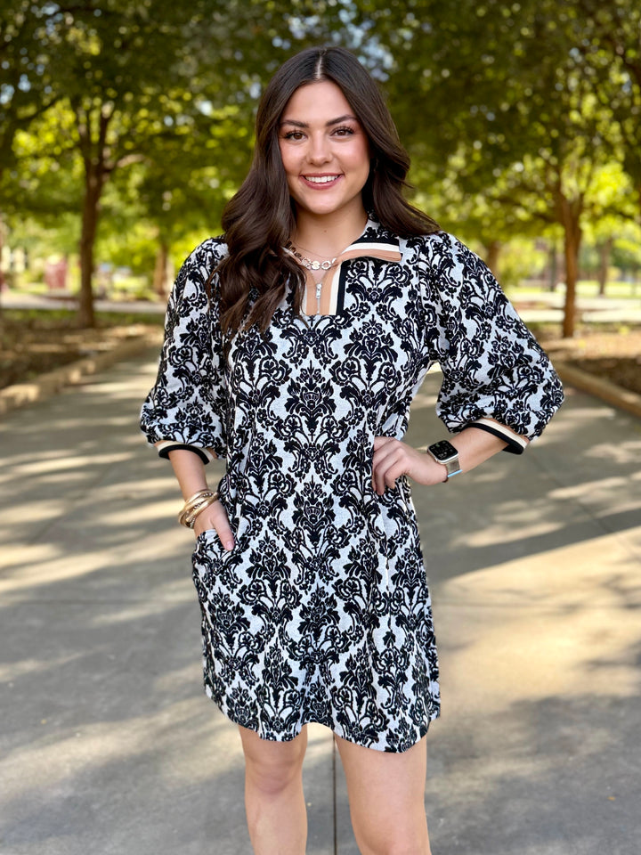 Damask Contrast Collar Dress