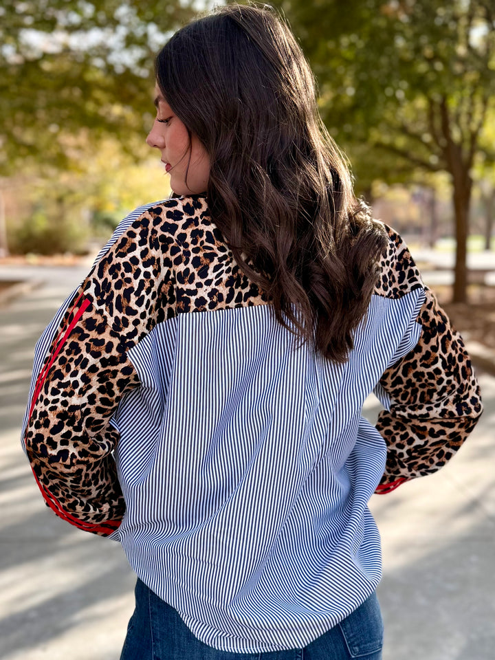 Leopard Edge Striped Button Up Top