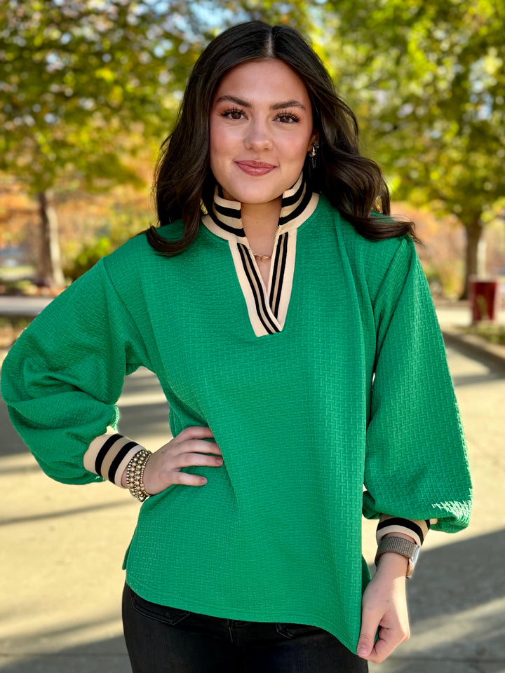 Green Textured Knit V-Neck Top