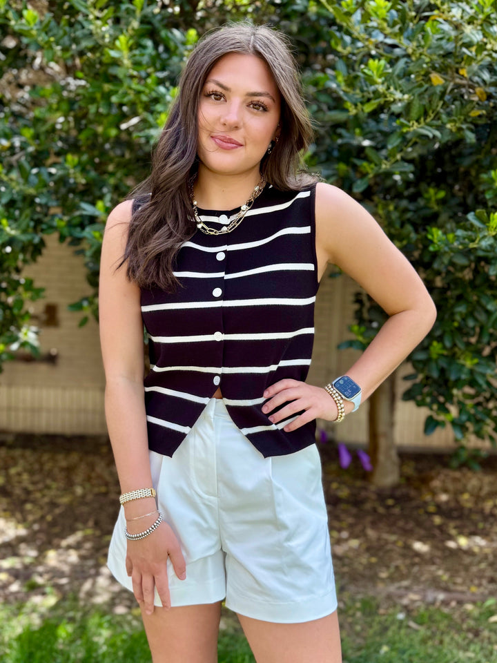 Stroll In Stripes Black Vest Top