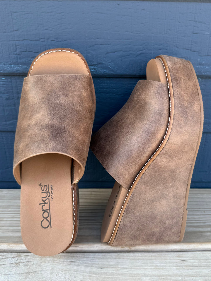 Mugshot Tan Slip On Wedge by Corkys