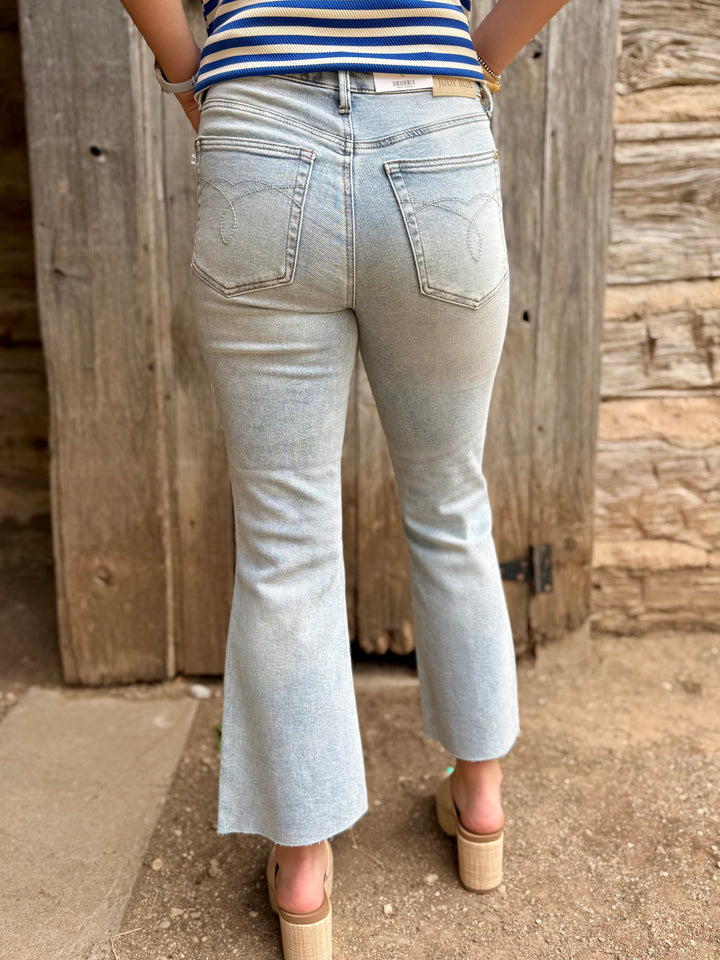 Quinn Mid Rise Raw Hem Kick Flare Jean by Judy Blue