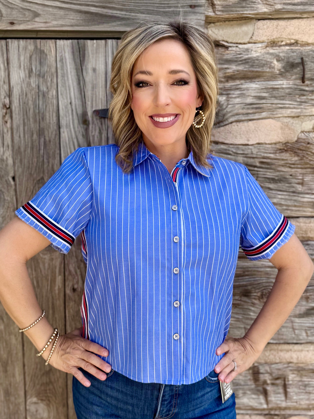 Buttoned in Blue Striped Top