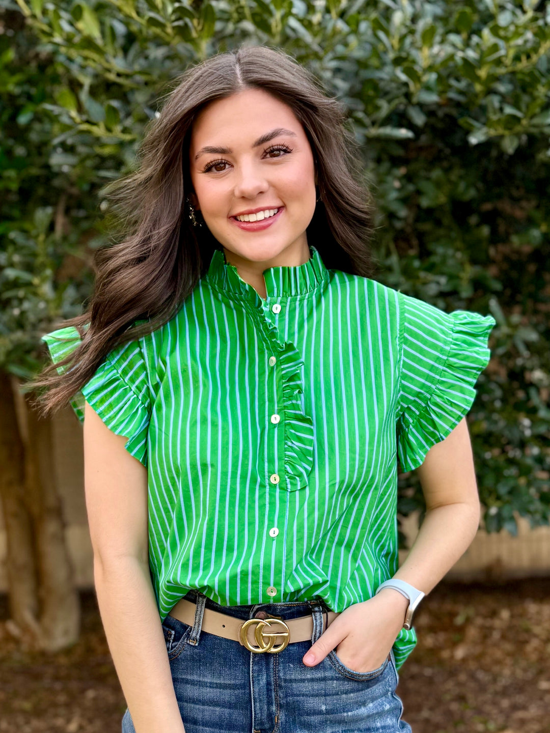 Spring Breeze Striped Ruffle Sleeve Top