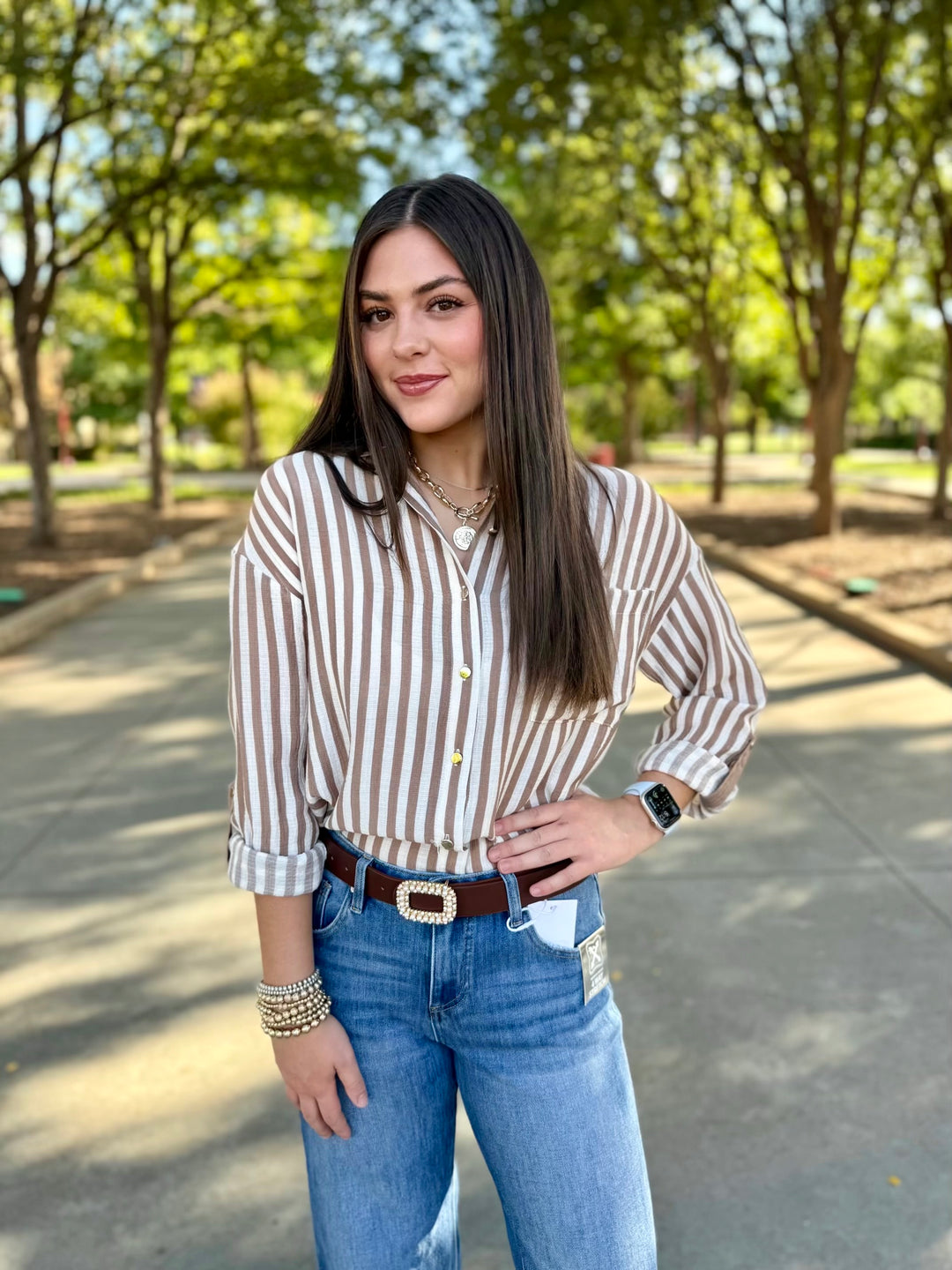 Button Up & Brew Striped Button Up Top
