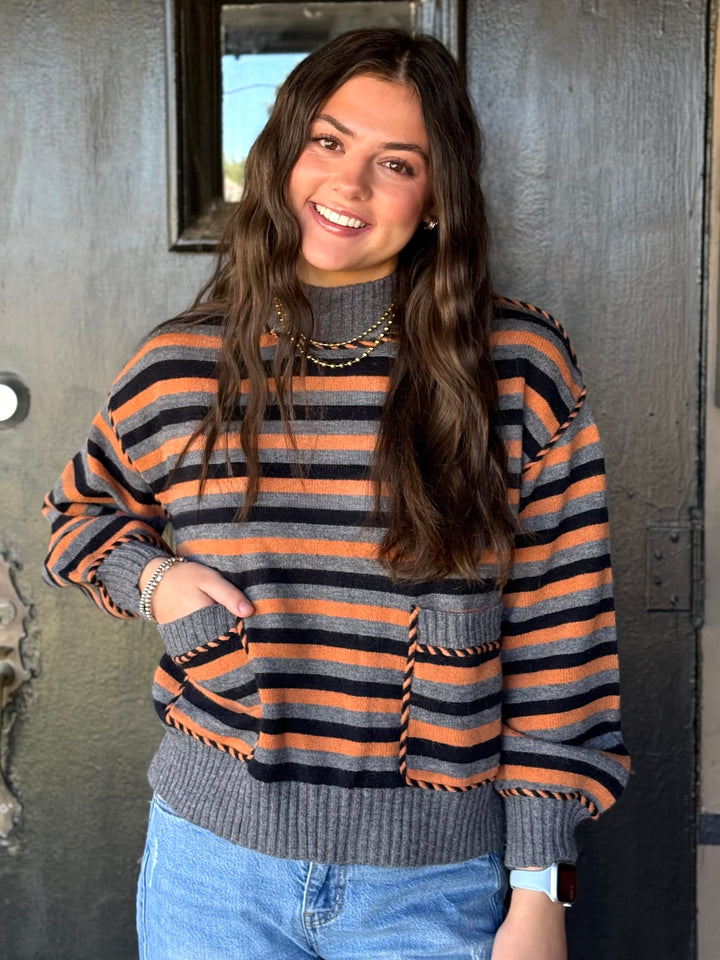 Pumpkin Patch Striped Mock Neck Sweater