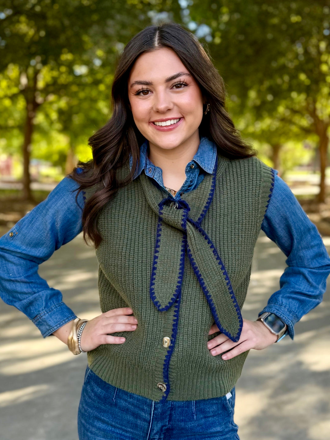 So Me Green Tie Neck Sweater Vest